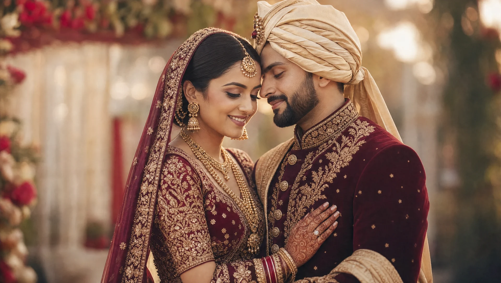 A bride and groom in traditional maroon and gold South Asian wedding attire, foreheads together in a warm embrace