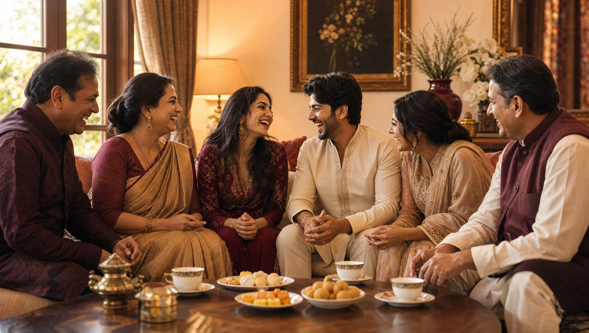 Two South Asian families sitting together on a sofa, laughing warmly over chai and mithai during a family introduction meeting