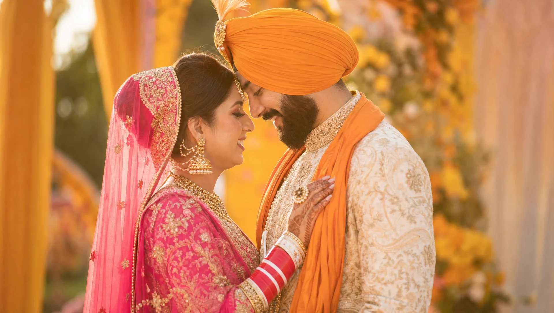 A Sikh Punjabi bride and groom in vibrant fuchsia-pink and saffron traditional wedding attire, foreheads together, smiling