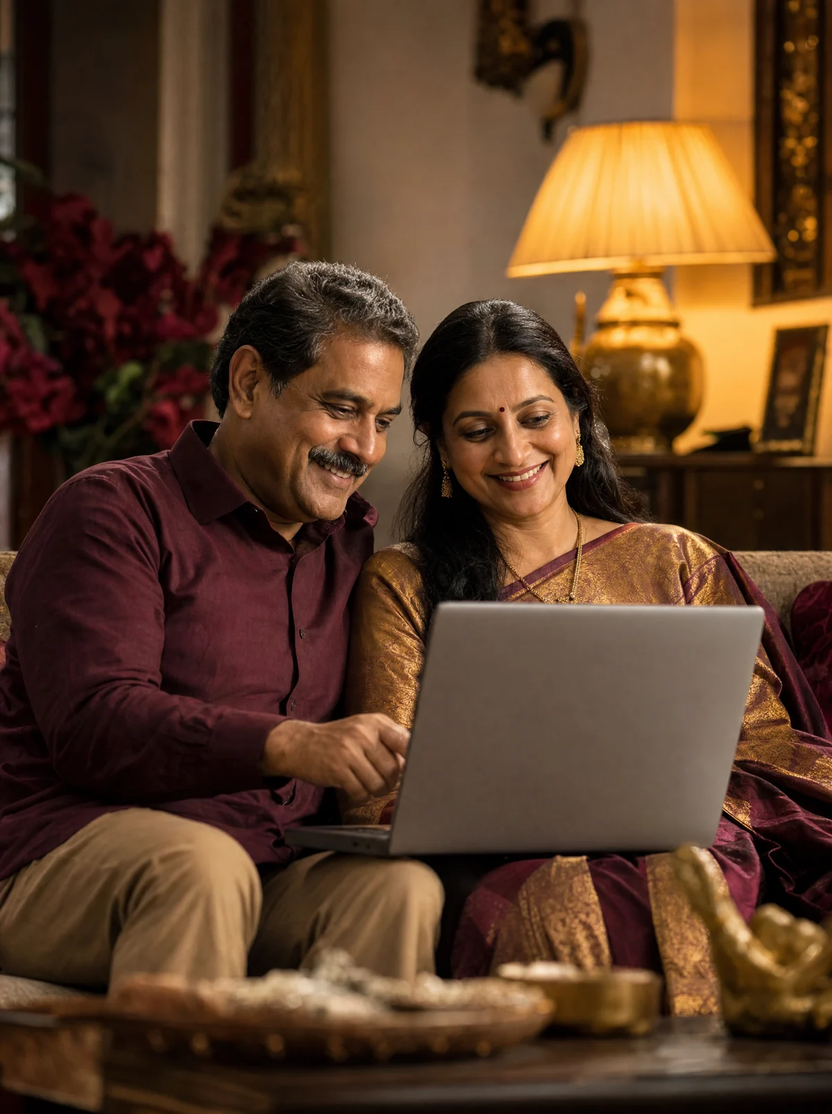 South Asian parents sitting together at home, smiling warmly while looking at a laptop, beginning their family's search together