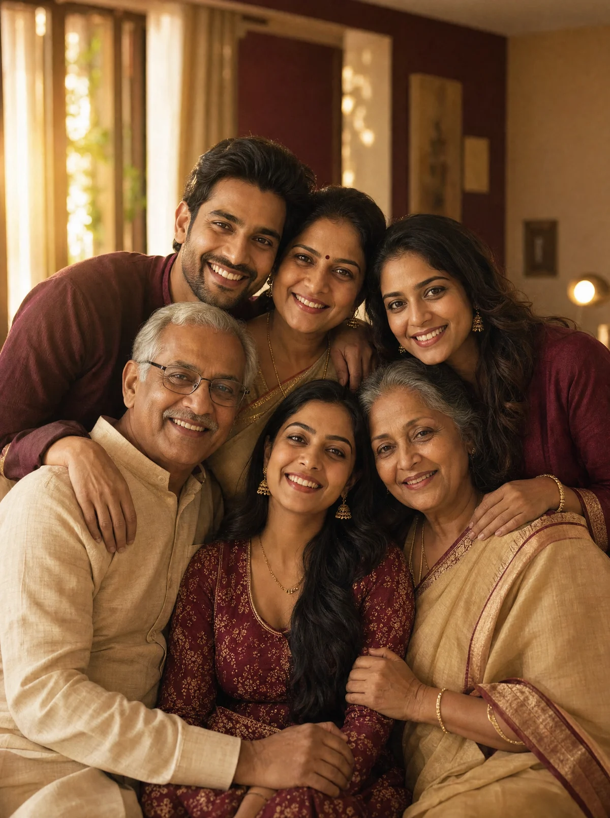 A joyful multi-generational South Asian family embracing together at home, grandparents, parents and adult children smiling closely